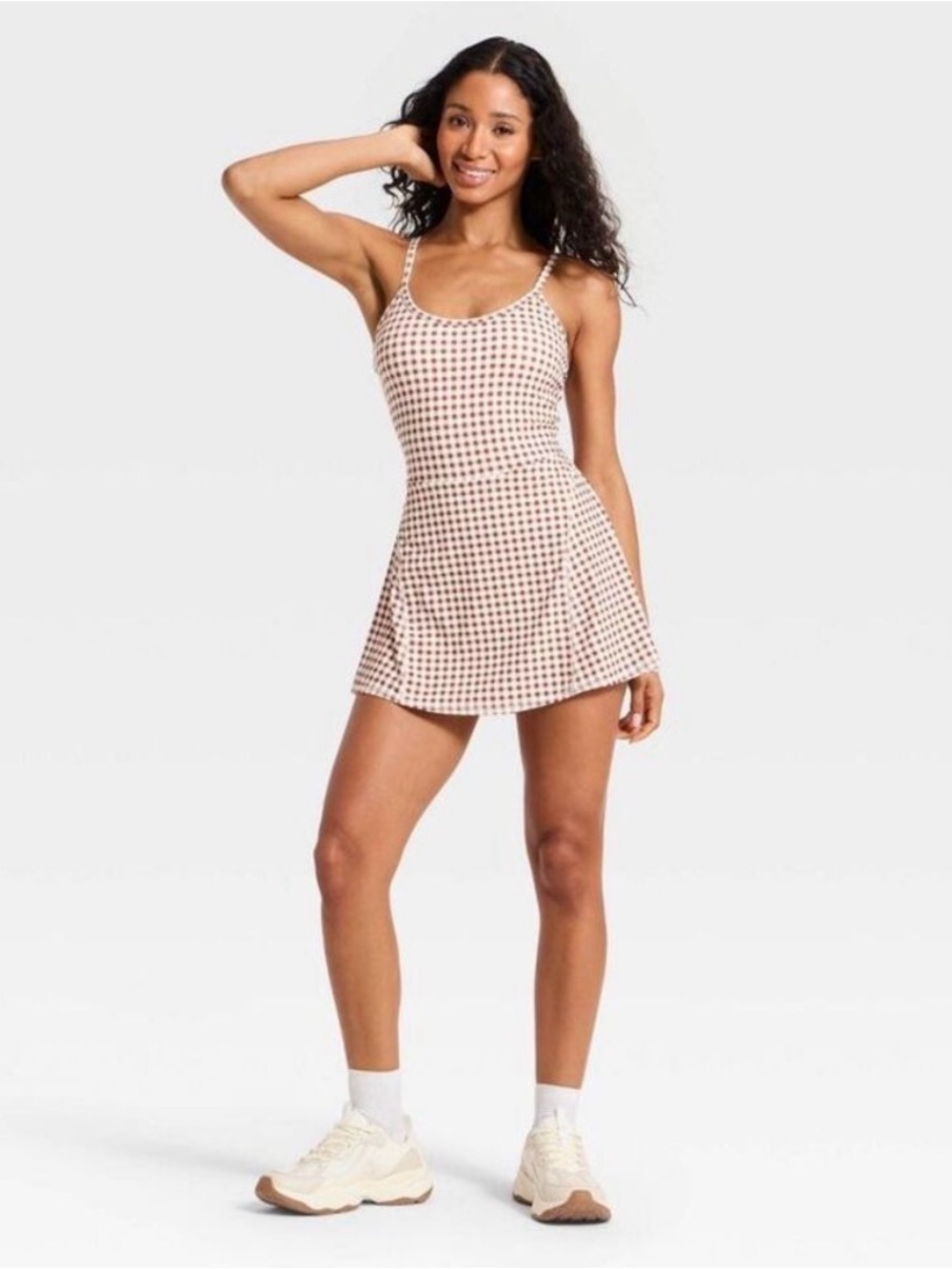 NWT JoyLab Cinch Back Active Dress Gingham Brown/White L Athletic Tennis
